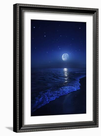 Tranquil Ocean at Night Against Starry Sky and Moon-null-Framed Photographic Print