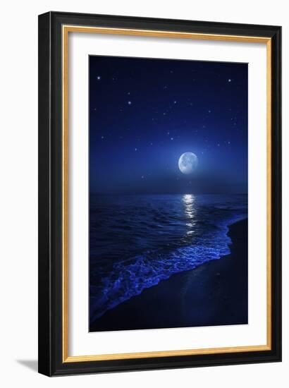 Tranquil Ocean at Night Against Starry Sky and Moon-null-Framed Photographic Print