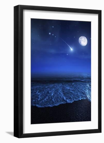 Tranquil Ocean at Night Against Starry Sky, Moon and Falling Meteorite-null-Framed Photographic Print