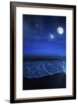 Tranquil Ocean at Night Against Starry Sky, Moon and Falling Meteorite-null-Framed Photographic Print