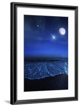 Tranquil Ocean at Night Against Starry Sky, Moon and Falling Meteorite-null-Framed Photographic Print