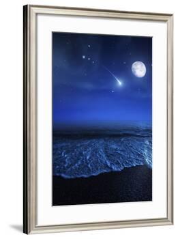 Tranquil Ocean at Night Against Starry Sky, Moon and Falling Meteorite-null-Framed Photographic Print