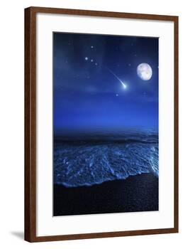 Tranquil Ocean at Night Against Starry Sky, Moon and Falling Meteorite-null-Framed Photographic Print