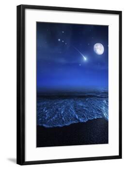 Tranquil Ocean at Night Against Starry Sky, Moon and Falling Meteorite-null-Framed Photographic Print