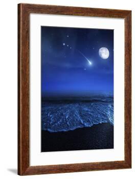 Tranquil Ocean at Night Against Starry Sky, Moon and Falling Meteorite-null-Framed Photographic Print