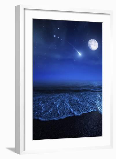 Tranquil Ocean at Night Against Starry Sky, Moon and Falling Meteorite-null-Framed Photographic Print