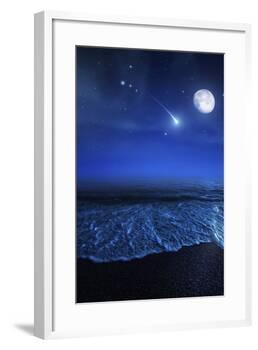 Tranquil Ocean at Night Against Starry Sky, Moon and Falling Meteorite-null-Framed Photographic Print