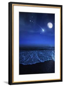 Tranquil Ocean at Night Against Starry Sky, Moon and Falling Meteorite-null-Framed Photographic Print
