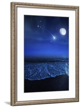 Tranquil Ocean at Night Against Starry Sky, Moon and Falling Meteorite-null-Framed Photographic Print
