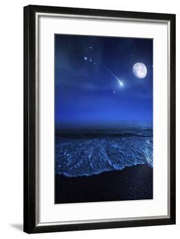 Tranquil Ocean at Night Against Starry Sky, Moon and Falling Meteorite-null-Framed Photographic Print