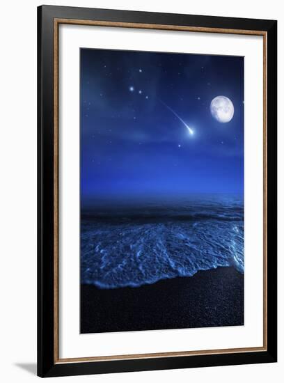 Tranquil Ocean at Night Against Starry Sky, Moon and Falling Meteorite-null-Framed Photographic Print