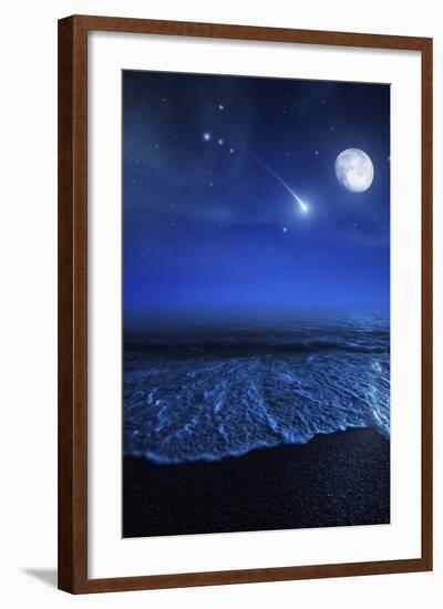 Tranquil Ocean at Night Against Starry Sky, Moon and Falling Meteorite-null-Framed Photographic Print