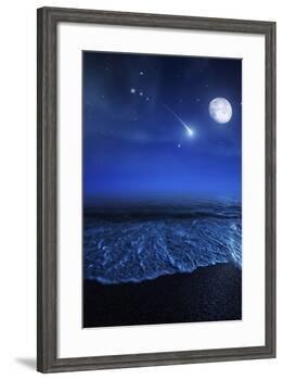 Tranquil Ocean at Night Against Starry Sky, Moon and Falling Meteorite-null-Framed Photographic Print