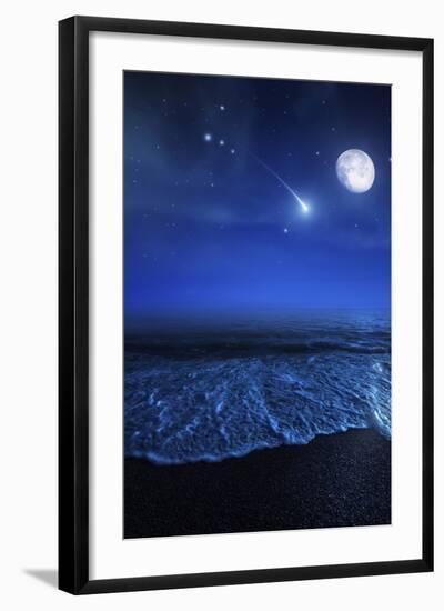 Tranquil Ocean at Night Against Starry Sky, Moon and Falling Meteorite-null-Framed Photographic Print