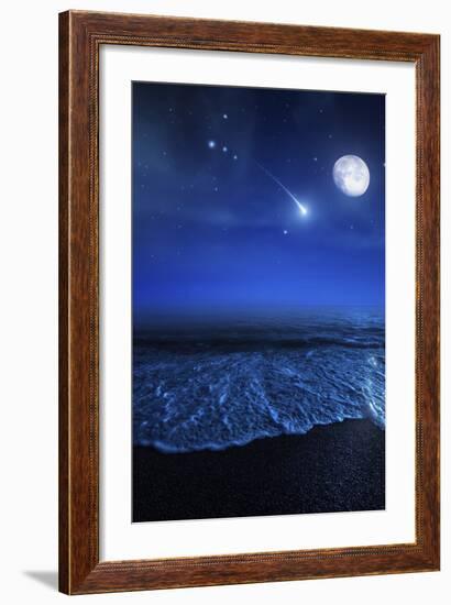 Tranquil Ocean at Night Against Starry Sky, Moon and Falling Meteorite-null-Framed Photographic Print