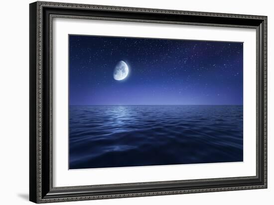 Tranquil Seas Against Rising Moon in a Starry Sky, Crete, Greece-null-Framed Photographic Print