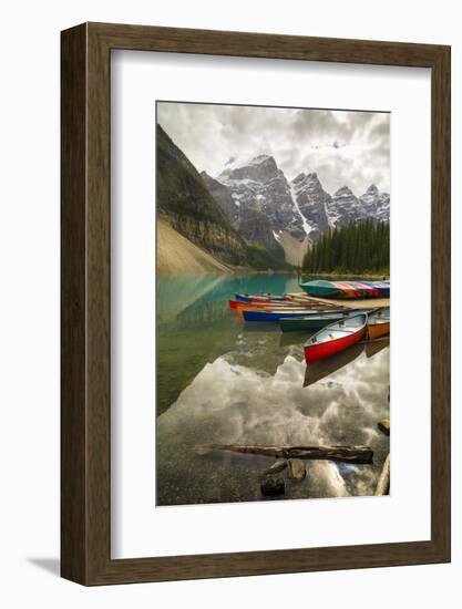 Tranquil setting of rowing boats on Moraine Lake, Banff National Park, UNESCO World Heritage Site, -Frank Fell-Framed Photographic Print