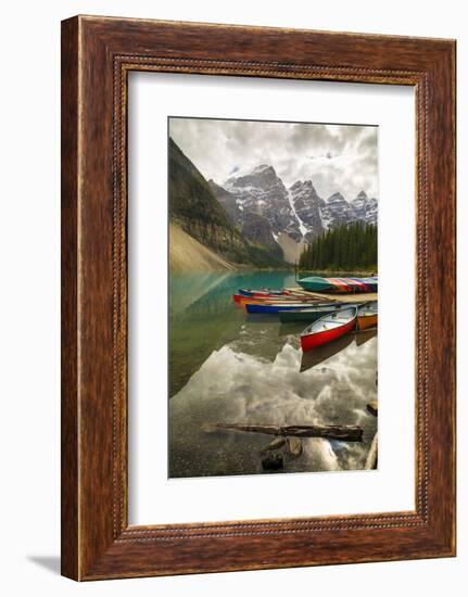 Tranquil setting of rowing boats on Moraine Lake, Banff National Park, UNESCO World Heritage Site, -Frank Fell-Framed Photographic Print