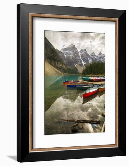 Tranquil setting of rowing boats on Moraine Lake, Banff National Park, UNESCO World Heritage Site, -Frank Fell-Framed Photographic Print