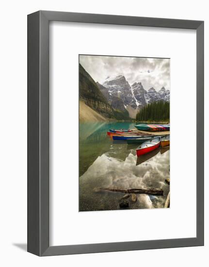 Tranquil setting of rowing boats on Moraine Lake, Banff National Park, UNESCO World Heritage Site, -Frank Fell-Framed Photographic Print