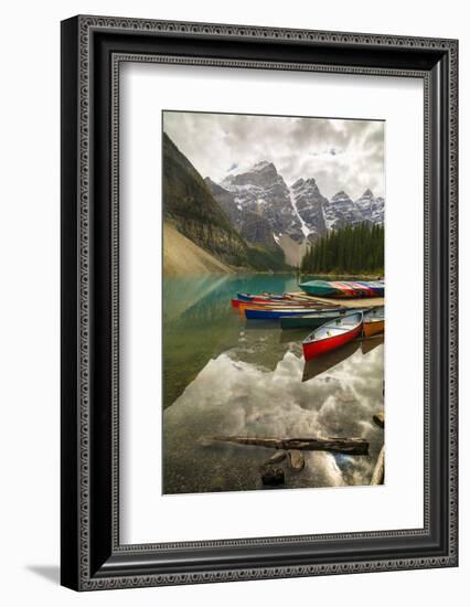 Tranquil setting of rowing boats on Moraine Lake, Banff National Park, UNESCO World Heritage Site, -Frank Fell-Framed Photographic Print