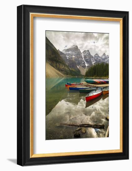 Tranquil setting of rowing boats on Moraine Lake, Banff National Park, UNESCO World Heritage Site, -Frank Fell-Framed Photographic Print