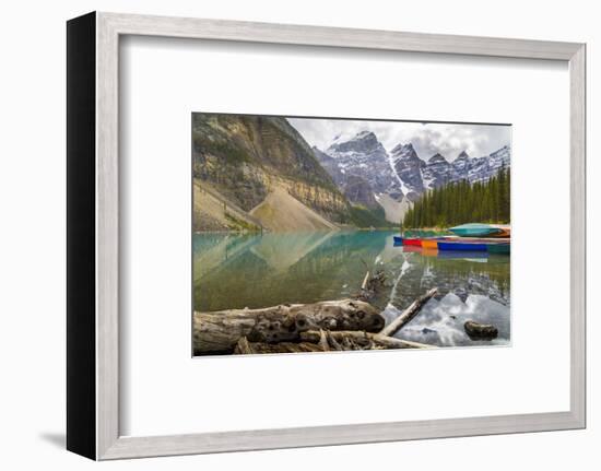 Tranquil setting of rowing boats on Moraine Lake, Banff National Park, UNESCO World Heritage Site, -Frank Fell-Framed Photographic Print