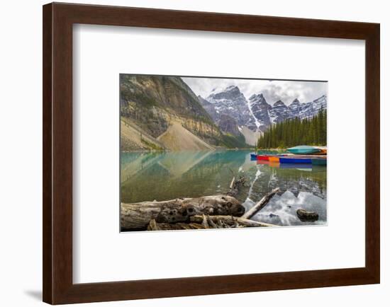 Tranquil setting of rowing boats on Moraine Lake, Banff National Park, UNESCO World Heritage Site, -Frank Fell-Framed Photographic Print