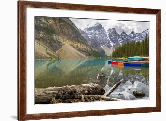 Tranquil setting of rowing boats on Moraine Lake, Banff National Park, UNESCO World Heritage Site, -Frank Fell-Framed Photographic Print