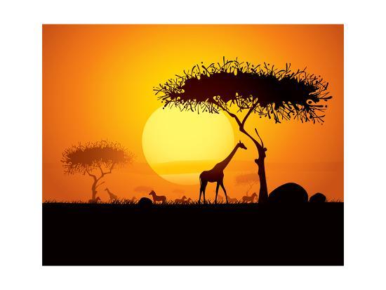 Tranquil Sunset Scene In Africa Silhouette Animals And Trees In