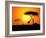 Tranquil Sunset Scene In Africa. Silhouette Animals And Trees In Africa Sunset Background-ori-artiste-Framed Art Print
