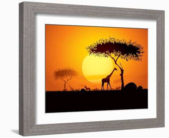 Tranquil Sunset Scene In Africa. Silhouette Animals And Trees In Africa Sunset Background-ori-artiste-Framed Art Print