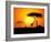 Tranquil Sunset Scene In Africa. Silhouette Animals And Trees In Africa Sunset Background-ori-artiste-Framed Art Print