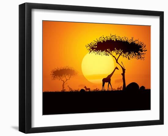 Tranquil Sunset Scene In Africa. Silhouette Animals And Trees In Africa Sunset Background-ori-artiste-Framed Art Print