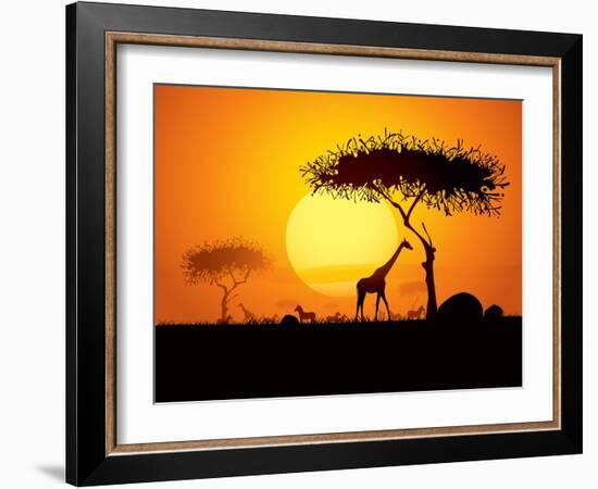 Tranquil Sunset Scene In Africa. Silhouette Animals And Trees In Africa Sunset Background-ori-artiste-Framed Art Print