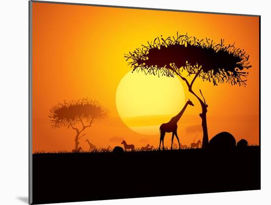 Tranquil Sunset Scene In Africa. Silhouette Animals And Trees In Africa Sunset Background-ori-artiste-Mounted Art Print