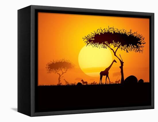 Tranquil Sunset Scene In Africa. Silhouette Animals And Trees In Africa Sunset Background-ori-artiste-Framed Stretched Canvas