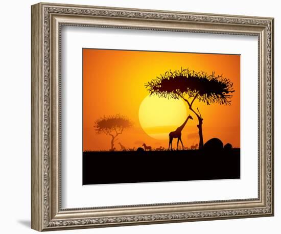 Tranquil Sunset Scene In Africa. Silhouette Animals And Trees In Africa Sunset Background-ori-artiste-Framed Art Print