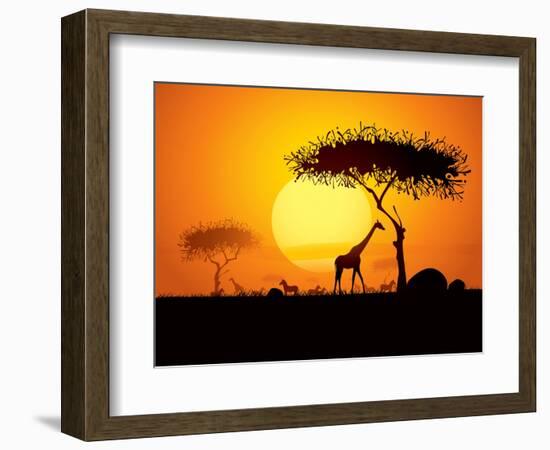 Tranquil Sunset Scene In Africa. Silhouette Animals And Trees In Africa Sunset Background-ori-artiste-Framed Art Print