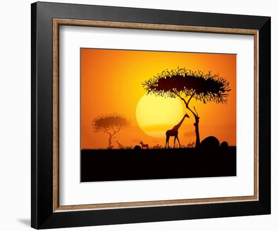 Tranquil Sunset Scene In Africa. Silhouette Animals And Trees In Africa Sunset Background-ori-artiste-Framed Art Print