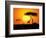 Tranquil Sunset Scene In Africa. Silhouette Animals And Trees In Africa Sunset Background-ori-artiste-Framed Art Print