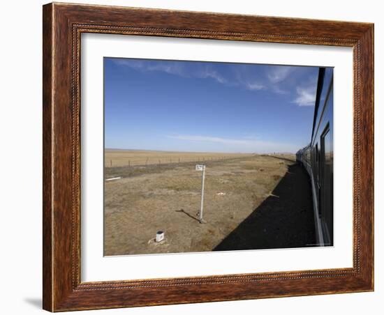 Trans-Mongolian Train Travelling Through the Gobi Desert En Route to Ulaan Baatar, Mongolia-Andrew Mcconnell-Framed Photographic Print