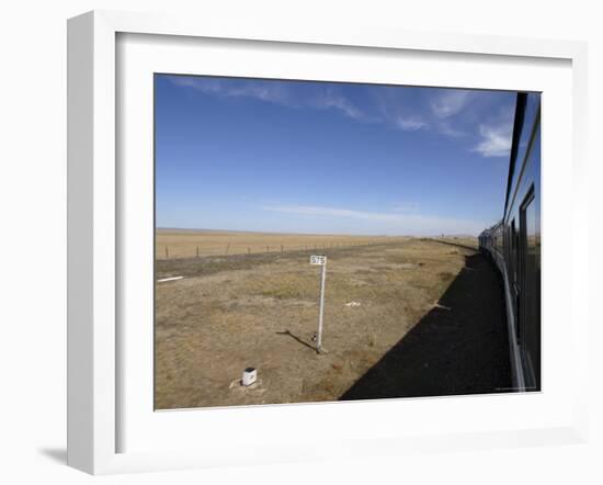 Trans-Mongolian Train Travelling Through the Gobi Desert En Route to Ulaan Baatar, Mongolia-Andrew Mcconnell-Framed Photographic Print