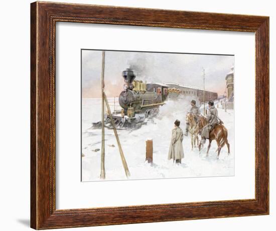 Trans-Siberian Railway Train Pulling Out of Station in Snowy Landscape-null-Framed Premium Photographic Print