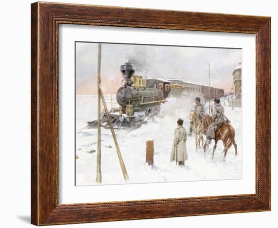 Trans-Siberian Railway Train Pulling Out of Station in Snowy Landscape-null-Framed Photographic Print