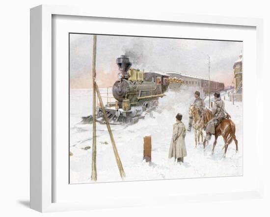 Trans-Siberian Railway Train Pulling Out of Station in Snowy Landscape-null-Framed Photographic Print