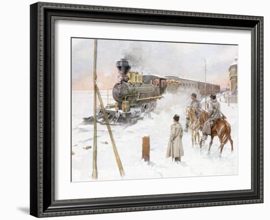 Trans-Siberian Railway Train Pulling Out of Station in Snowy Landscape-null-Framed Photographic Print
