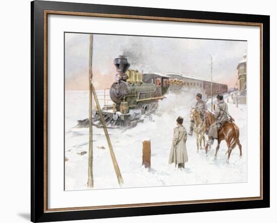 Trans-Siberian Railway Train Pulling Out of Station in Snowy Landscape-null-Framed Photographic Print