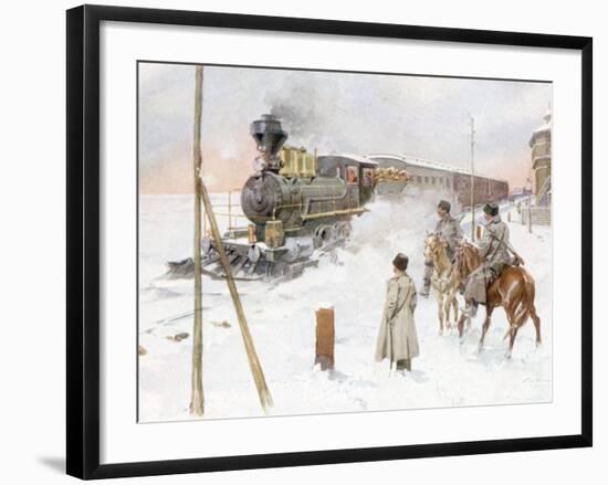 Trans-Siberian Railway Train Pulling Out of Station in Snowy Landscape-null-Framed Photographic Print