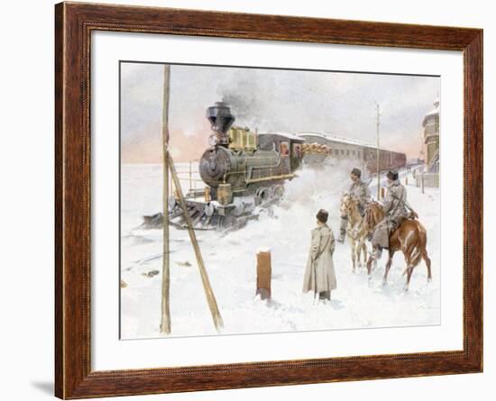 Trans-Siberian Railway Train Pulling Out of Station in Snowy Landscape-null-Framed Photographic Print